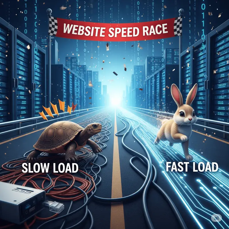 A cartoon turtle labeled "Slow Load" struggles on a path of tangled wires and old modems, while a cartoon bunny labeled "Fast Load" races ahead on a glowing, futuristic path of fiber optic cables and circuits. In the background, server racks and binary code appear in a digital city landscape, and a banner across the top reads "Website Speed Race."